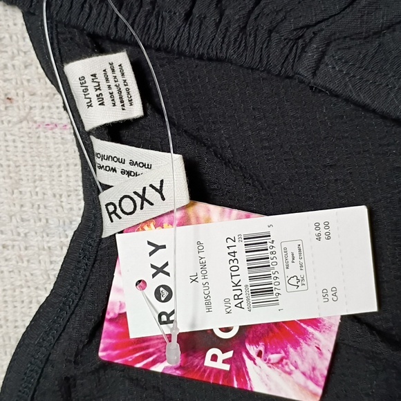 NWT Roxy Black Hibiscus Honey Crop Top Girls XL Summer Cap Sleeves V-neck - Picture 5 of 8